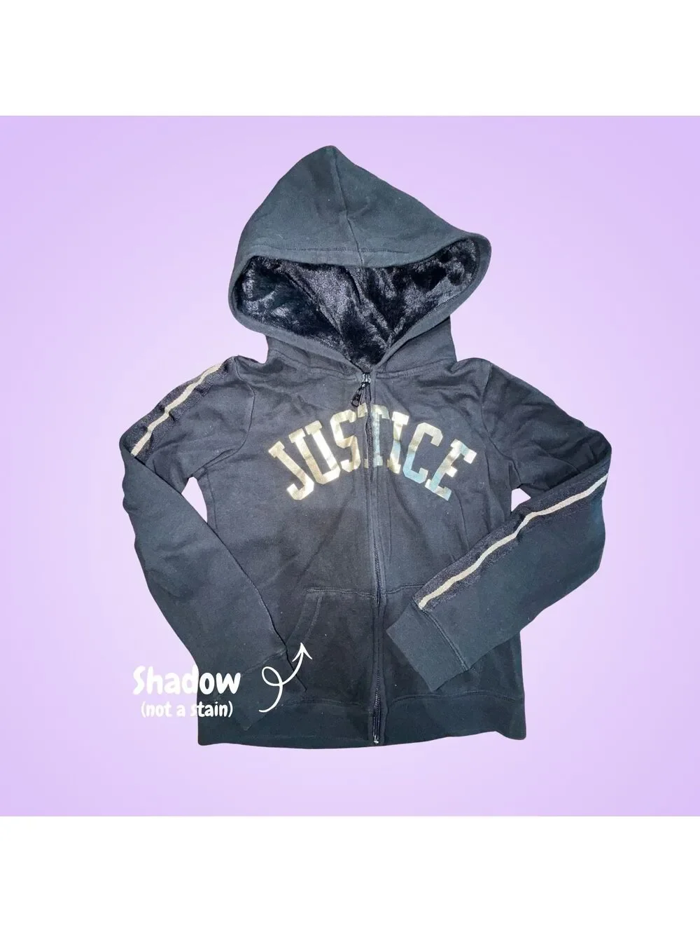 Justice Girls Size 12 Black Gold Metallic Full Zip Hoodie | Plush Lined Hood